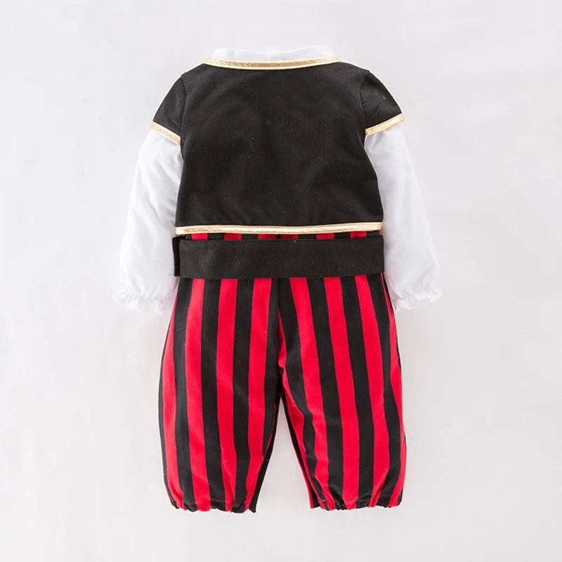 Infant Pirate Romper Costume Set with Vest, Head Scarf and Belt, Cotton Blend Red Stripe Outfit for Baby and Toddler Halloween Parties