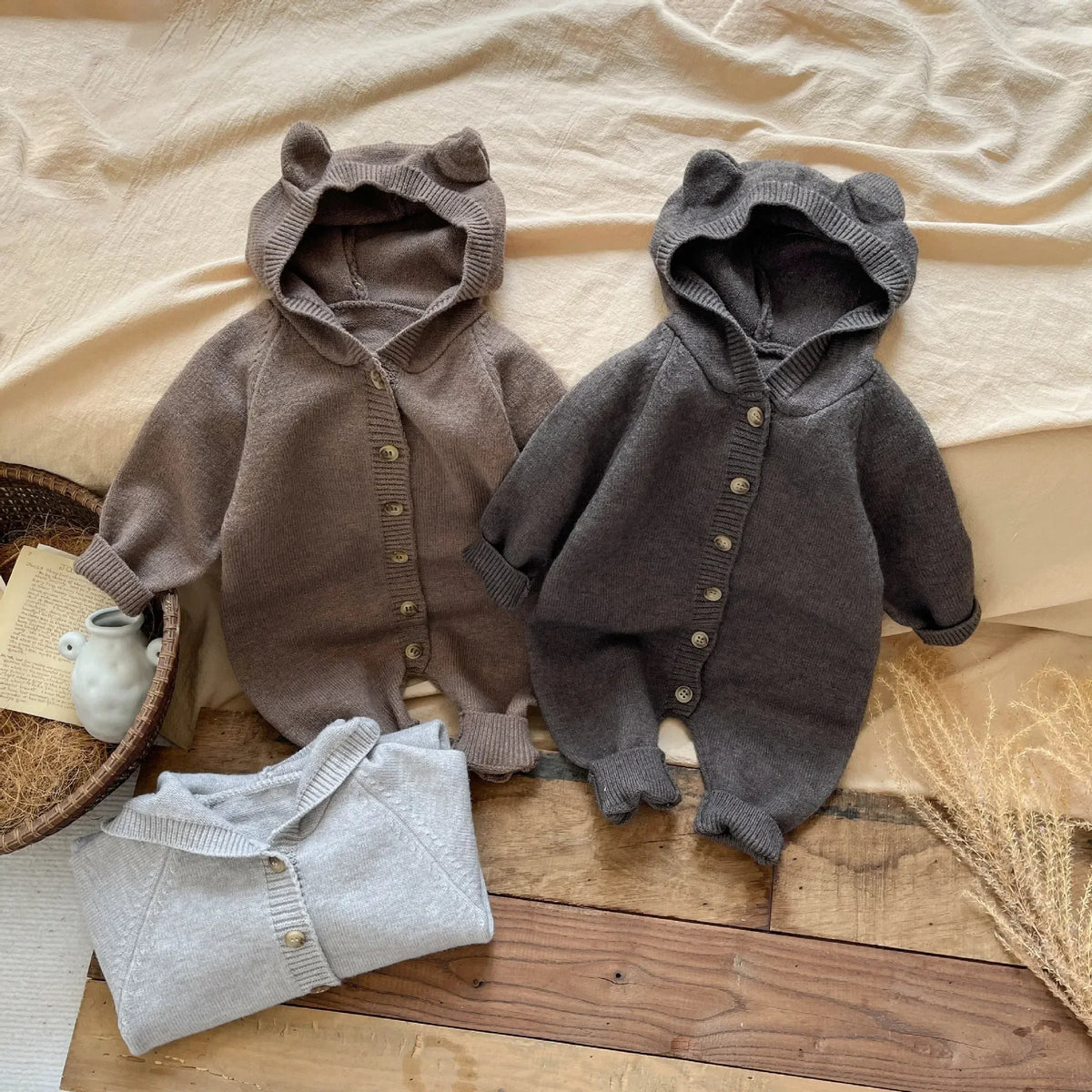 Round Ear Hooded Baby Knit Jumpsuit with Button Front and Ribbed Cuffs, Footless Spring and Fall Romper in Brown, Light Grey or Dark Grey