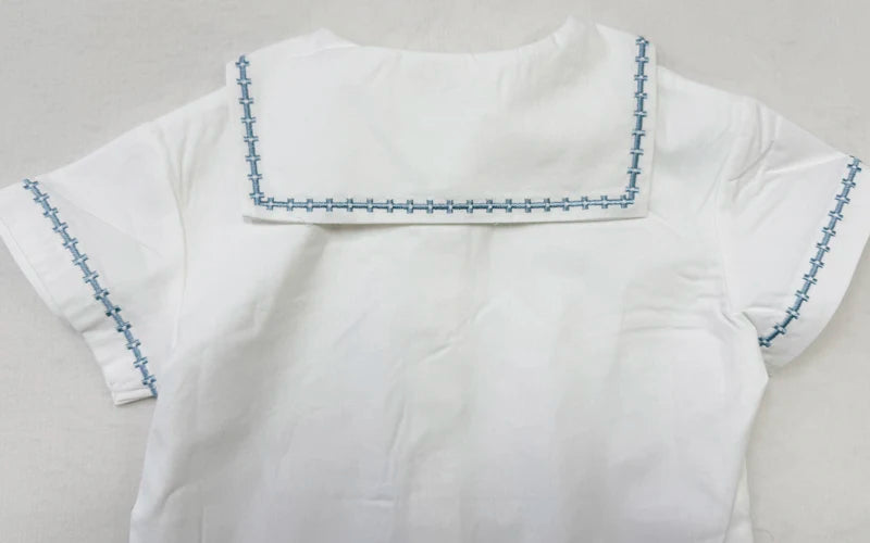 Matching Sibling Clothes with Classic Blue Trim, Shirts, Shorts, Overalls, Dresses and Cardigan Options for Baby Boys, Girls and Kids