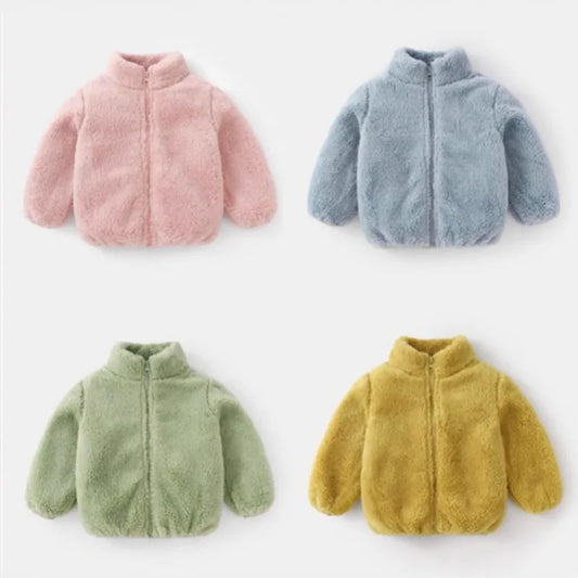 Baby Zip Up Fleece Jacket with Stand Collar and Long Sleeves, Solid Color Double Sided Fleece Layer for Boys and Girls, Sizes 6-12M to 5T