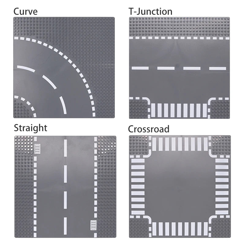 City Road Building Block Base Plates, 25.5 x 25.5 cm Single-Sided Street Panels for Brick Town Layouts, Traffic Scenes and Creative Construction Play