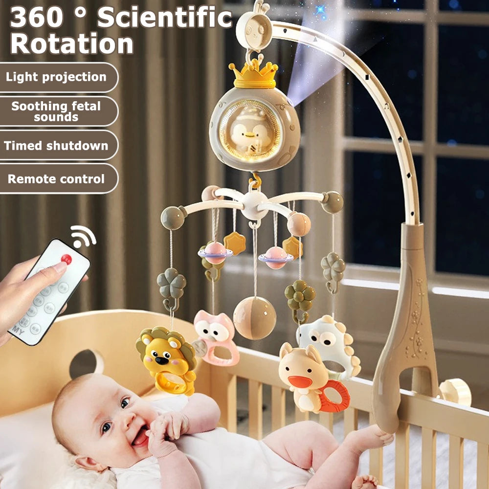Remote Control Crib Mobile with Projector and Night Light, Rotating Animal Hanging Toys, Musical Lullabies and Timer for Baby Nursery