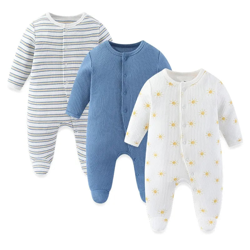 Baby Footed Jumpsuits 3-Pack, 100% Cotton Long Sleeve Cartoon Rompers for Newborn Boys and Girls, Fall and Winter Everyday Outfits