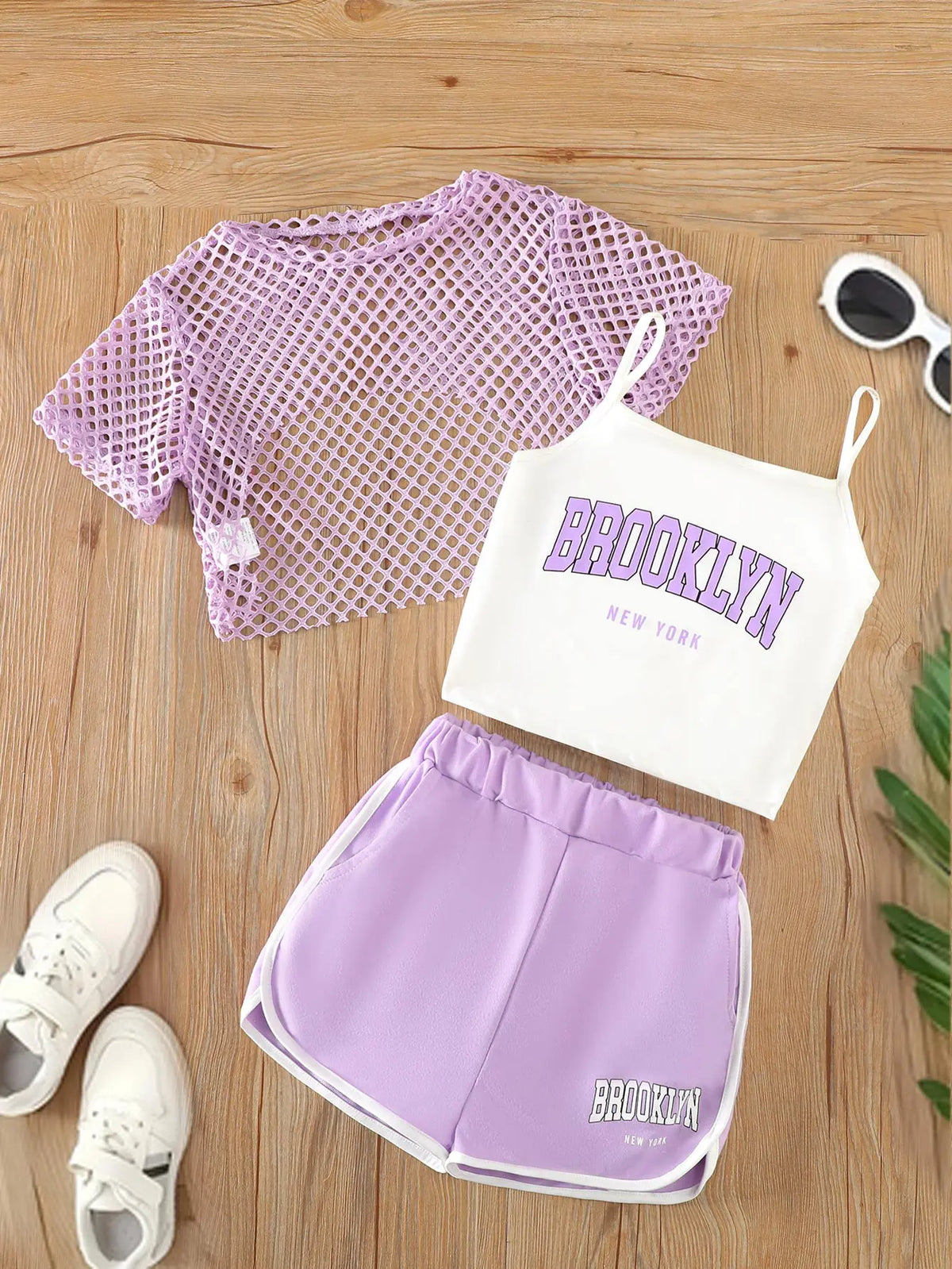 Girls Mesh Top and Shorts Outfit with Brooklyn Print Cami, Three-Piece Summer Set with Short Sleeves and Elastic Waist for Ages 8-12