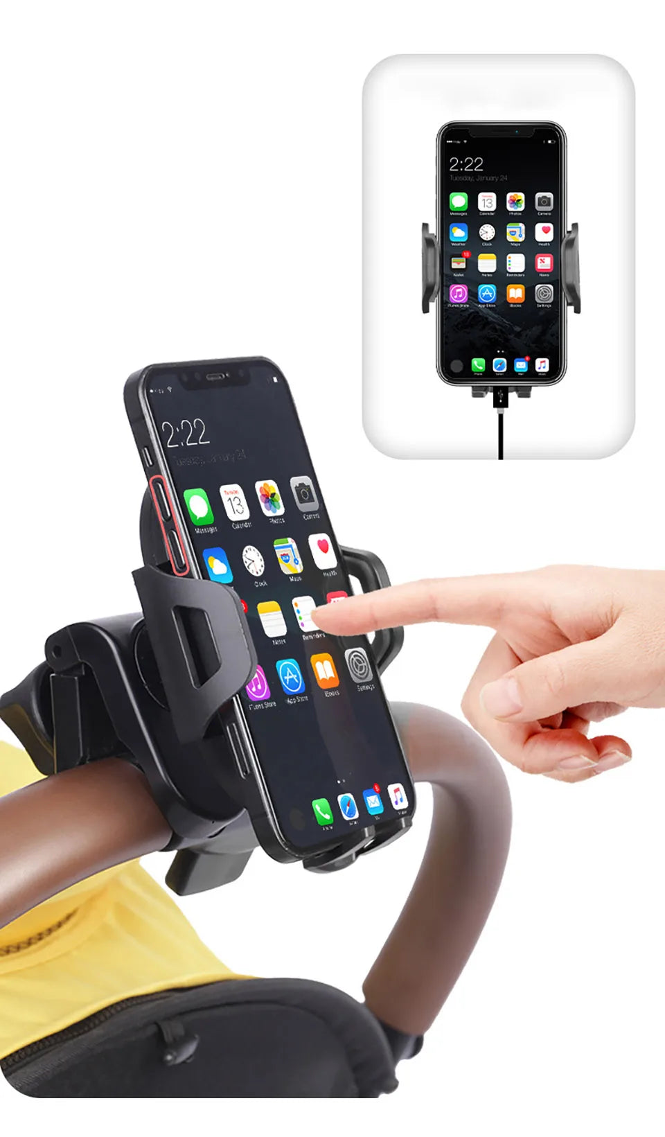 Stroller Drink and Phone Holder with Handlebar Clamp, Black Cup and Bottle Organizer with Separate Phone Cradle for Parent Walks and Family Outings