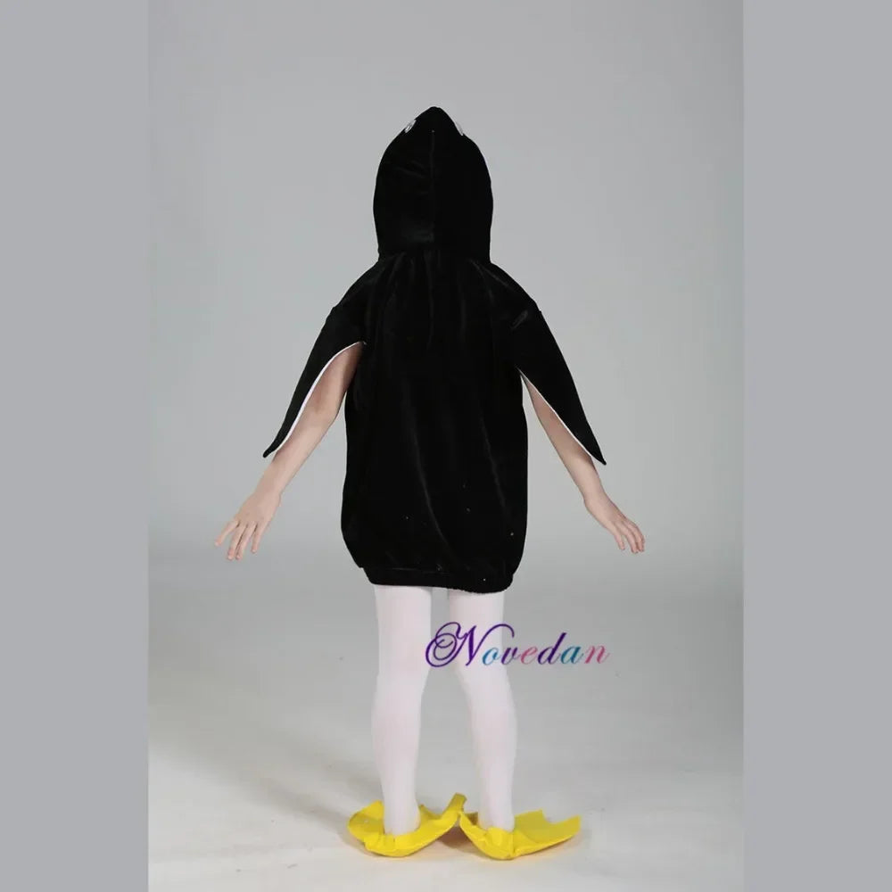 Kids Penguin Costume with Hooded Black-and-White Outfit, Wing-Style Sleeves and Red Bow Detail for Halloween, Birthdays and Animal Dress-Up