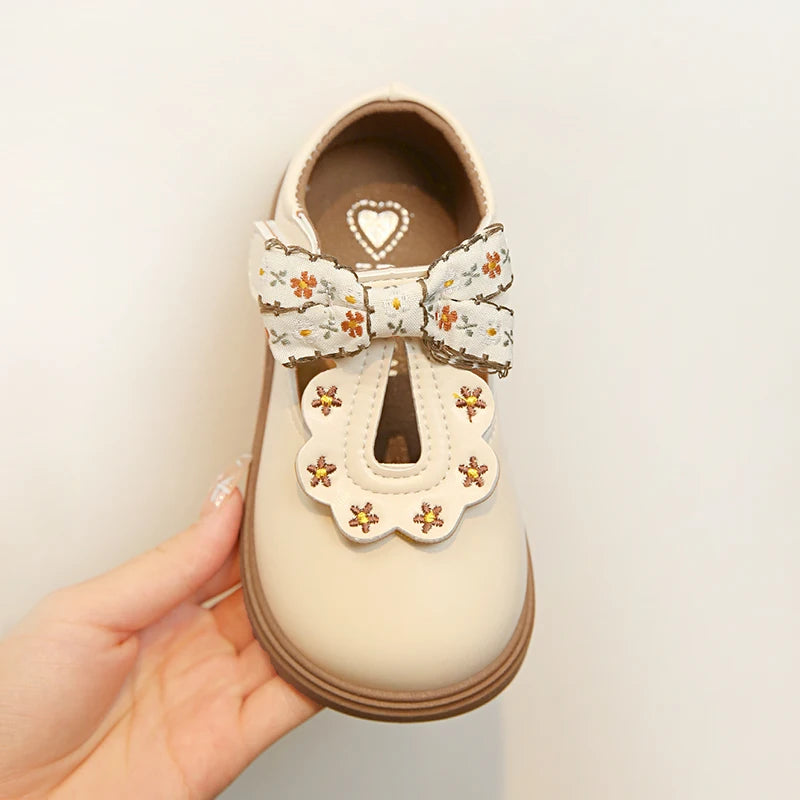 Girls Floral Bow T-Strap Shoes with Scalloped Flower Details and Round Toe, Black or Beige Dress Flats for School Outfits, Parties and Photos