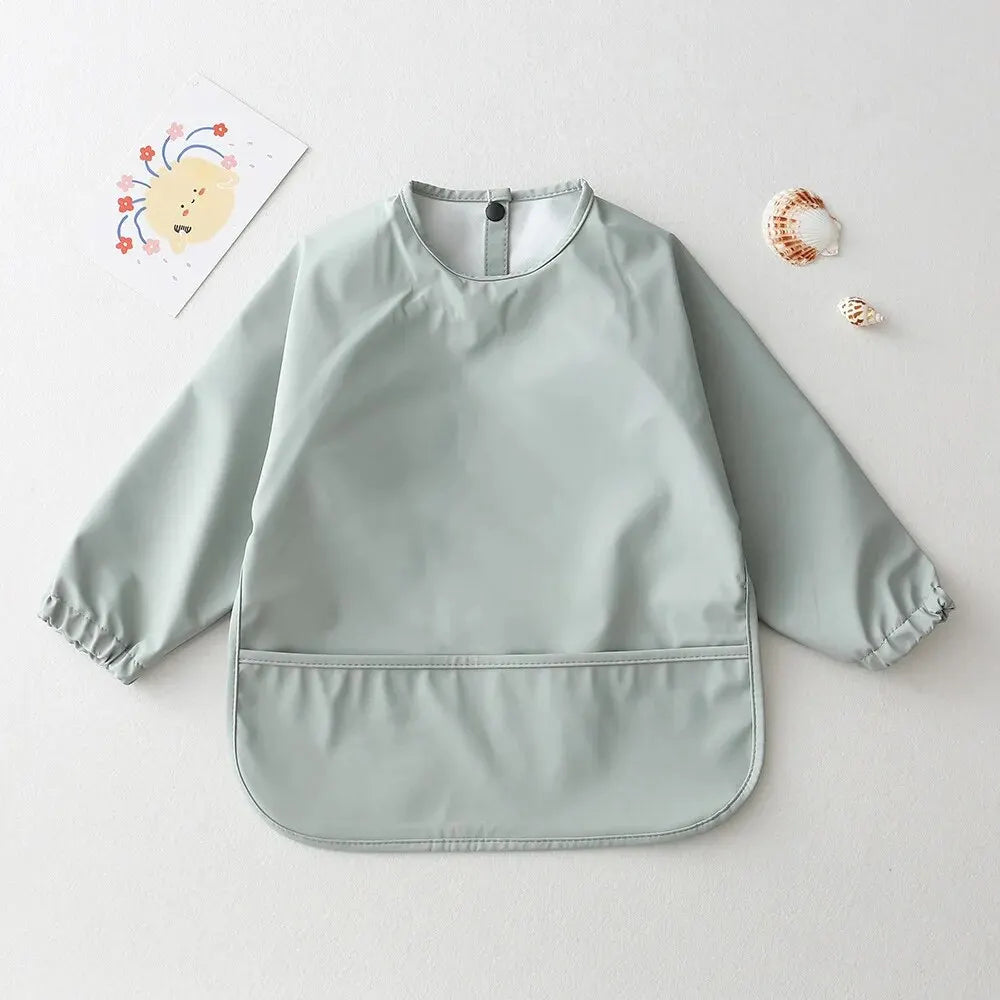 Long Sleeve Feeding Bib for Babies and Toddlers, Solid Color Polyester Mealtime Apron with Front Pocket for Snacks and Messy Art Play