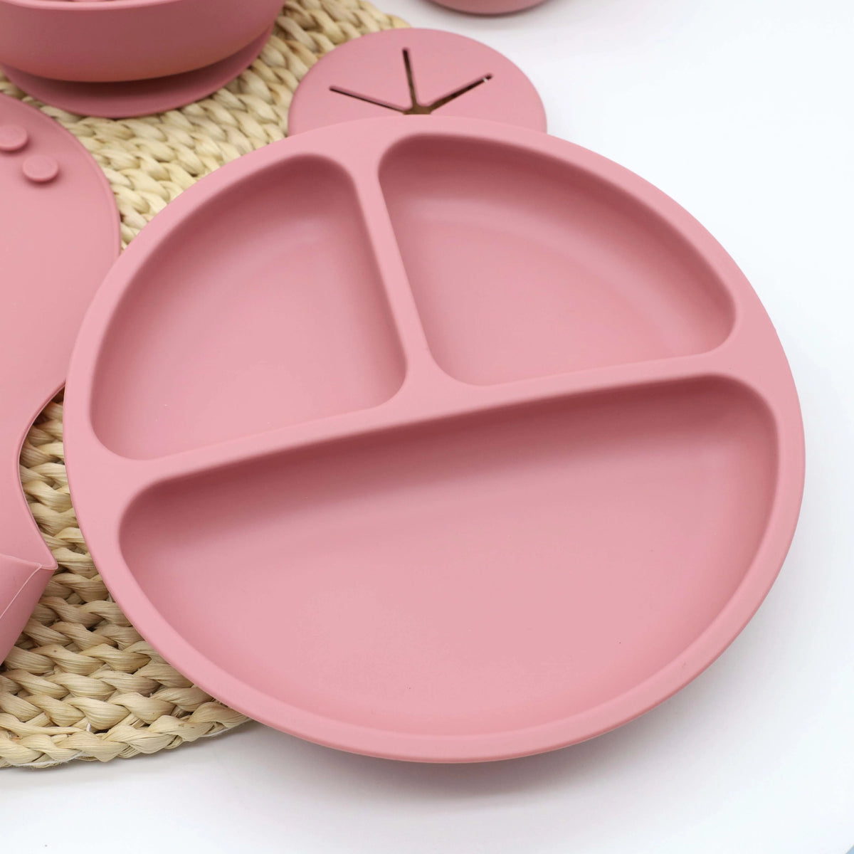 Baby Silicone Tableware Set, 9-Piece Mealtime Collection with Divided Plate, Suction Bowl, Pocket Bib, 2-in-1 Cup and Utensils in Four Colors
