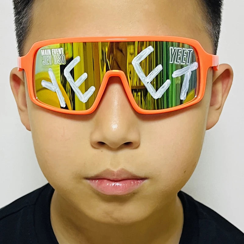 YEET Graphic Sunglasses with Jey Uso Main Event Lettering, Colorful Shield-Style Fan Shades in Children's and Adult Options for Party Outfits