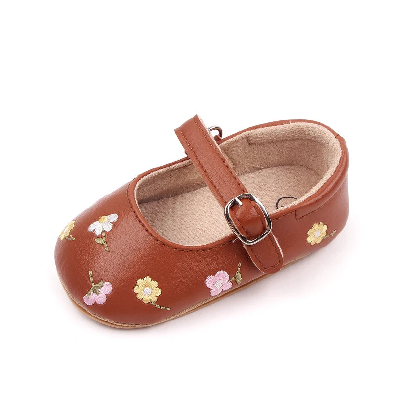 Baby Floral Mary Jane Shoes with Embroidered Flowers, Soft TPR Soles and PU Uppers in Beige Brown or Lavender for Dressy Outfits, Sizes 0-18 Months