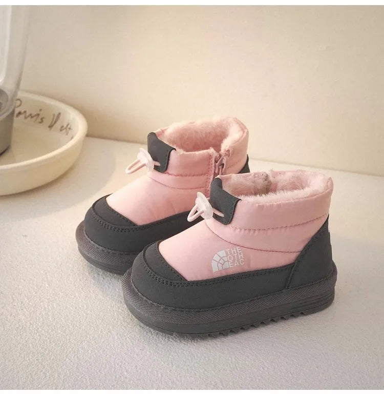 Plush-Lined Kids Snow Boots with Side Zippers and Chunky Platform Soles, Boys and Girls Winter Ankle Boots in Pink, Black and Ivory