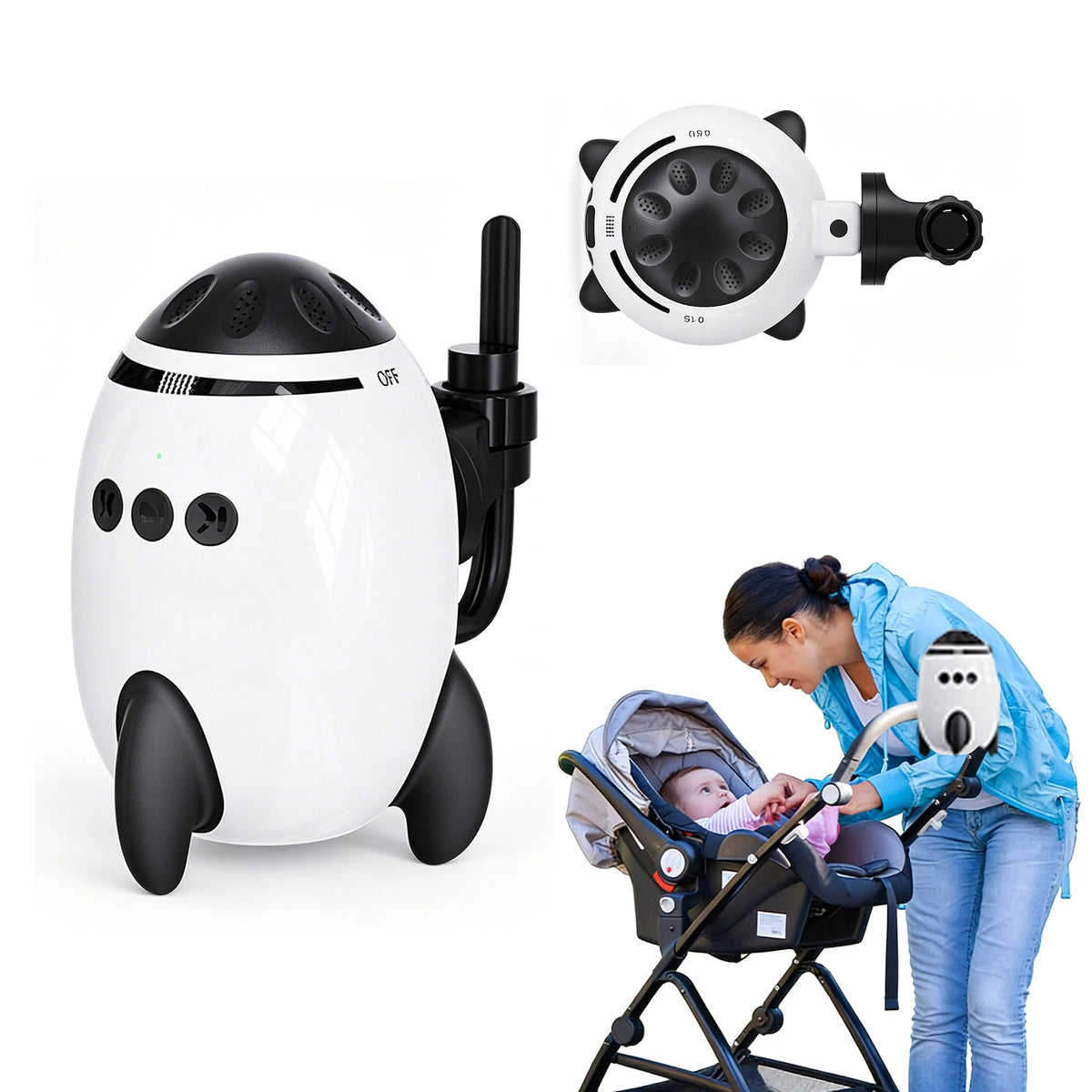 Rechargeable Stroller Rocker with White Noise and Bluetooth, Portable Automatic Pram Rocking Accessory with Adjustable Speed and USB-C Charging