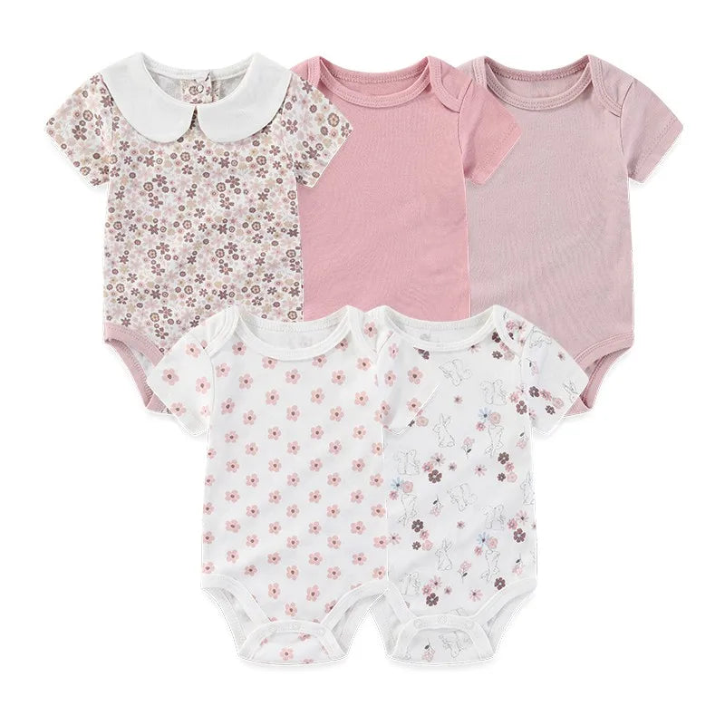 Baby Bodysuit Multipack in Cotton, 4- or 5-Piece Short Sleeve Infant Clothing with Printed and Solid Designs for Boys and Girls, Sizes 3M-12M