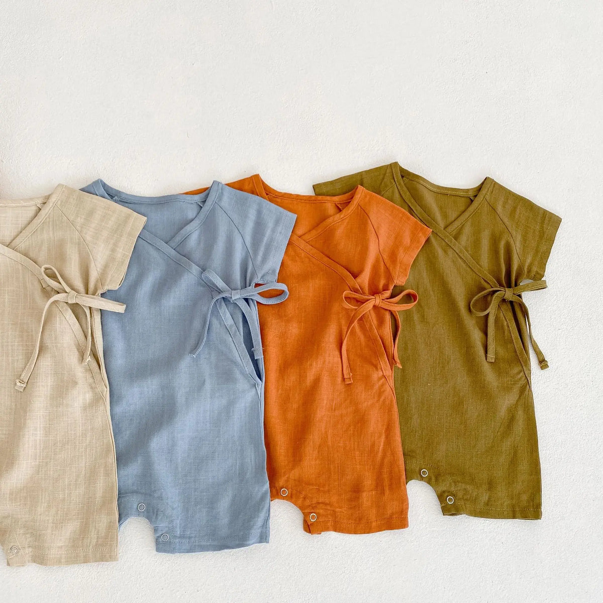 Baby Wrap Romper in Linen Cotton with Short Sleeves and Side Ties, V-Neck Summer One-Piece Outfit for Boys and Girls in Four Color Options