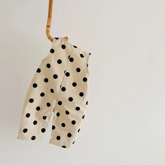 Polka Dot Baby Jumpsuit in Beige with Black Spots, Sleeveless Button-Front One-Piece with Flap Pockets for Infant Girls Everyday Outfits