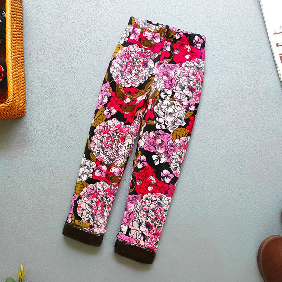 Printed Lined Leggings for Girls, Plush-Textured Winter Pants with Floral Heart and Pattern Options for Toddler and Kids Outfits, Sizes 2-3T to 10-11