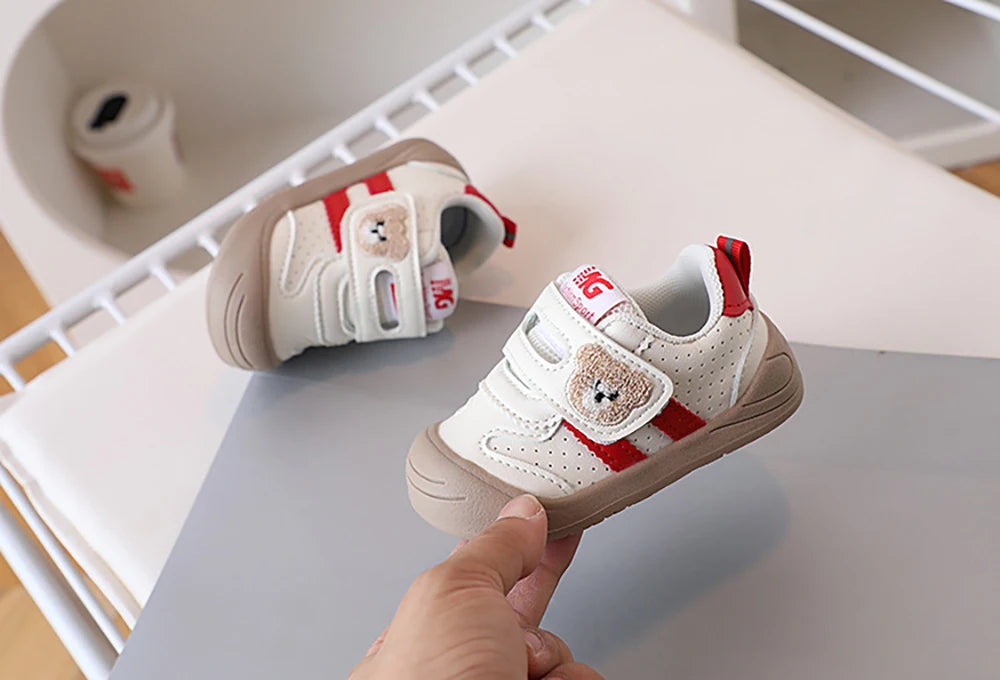 Toddler Bear Sneakers with Hook-and-Loop Strap, Perforated Upper and Striped Sides, Baby Boys and Girls Casual Shoes in Black Gold or Red, Sizes 16-25