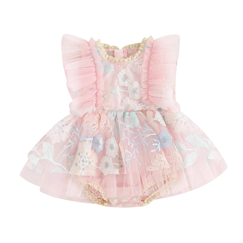 Embroidered Baby Girl Romper Dress with Pink Floral Mesh Skirt and Flutter Sleeves, Matching Headband and Snap Bottom for Party Photos, 0-24 Months