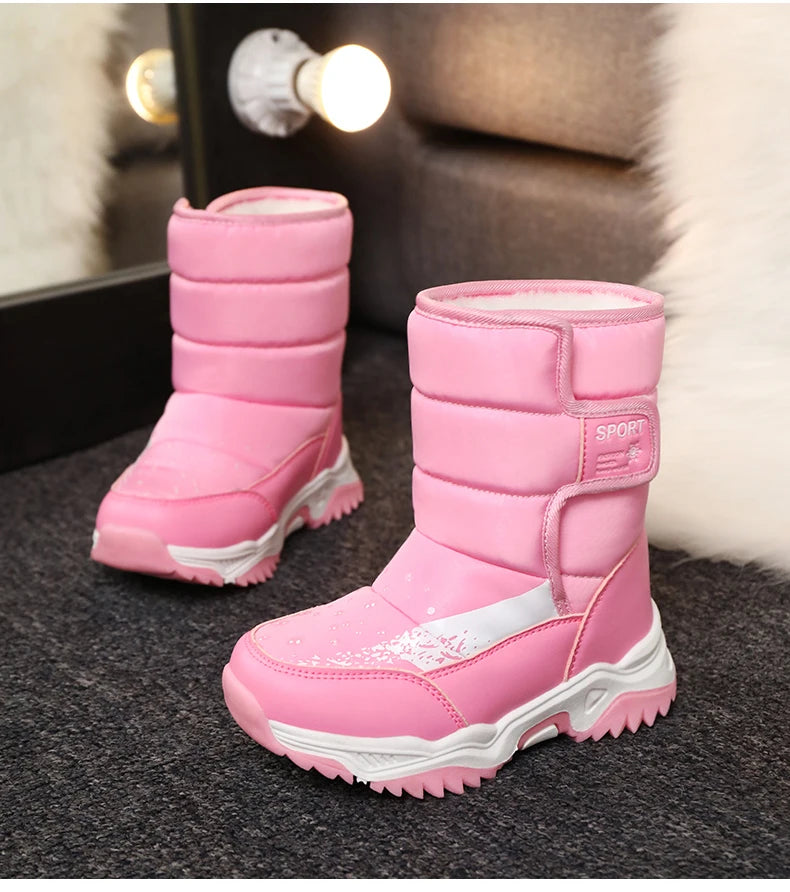 Kids Plush-Lined Winter Boots with Padded Shafts and Front Flap Closures, Pink or Purple Snow-Style Footwear for Boys and Girls