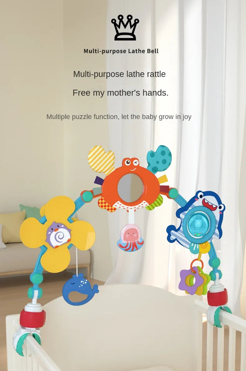 Stroller Activity Toy Arch with Colorful Hanging Play Details, Ocean or Bee Theme Clip-On Baby Play Bar for Supervised Sensory Exploration