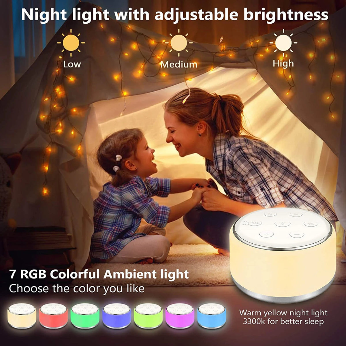 34-Sound White Noise Machine with 7-Color Dimmable Night Light, 32 Volume Levels, 30/60/90-Minute Timer and USB-C Rechargeable Battery