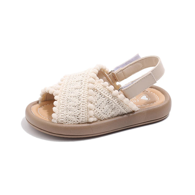 Girls Cross Strap Sandals with Textured Trim and Open Toe Design, Brown or Beige Retro Summer Shoes for Casual Outfits and Vacation Photos