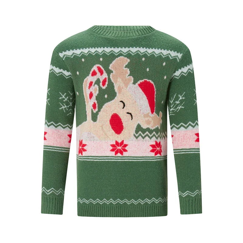 Reindeer Family Christmas Sweaters in Red or Green, Matching Mom Dad and Kids Long Sleeve Crewneck Pullovers for Holiday Photos and Parties