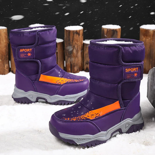 Kids Plush-Lined Winter Boots with Padded Shafts and Front Flap Closures, Pink or Purple Snow-Style Footwear for Boys and Girls