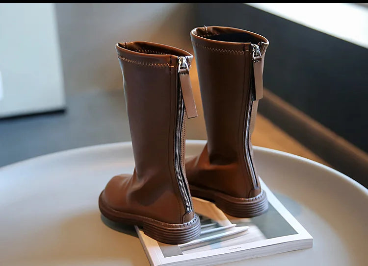Back-Zip Girls Tall Boots in PU with Round Toes and Minimalist Styling, Khaki, Beige or Black Fashion Shoes for Spring and Autumn, Sizes 26-36