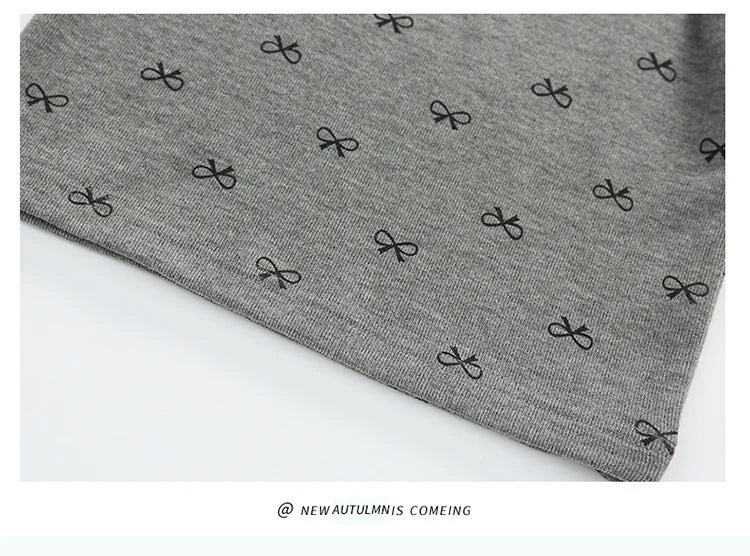 Girls High Neck Long Sleeve Shirt with Allover Bow Print, Beige or Gray Layering Top for Everyday Fall and Winter Outfits and Family Gatherings
