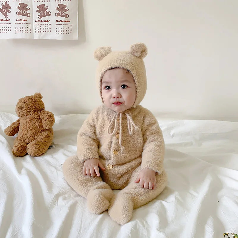 Plush Baby Footed Jumpsuit with Button Front, Bear-Inspired Autumn Winter One-Piece Outfit for Boys and Girls in Four Colors