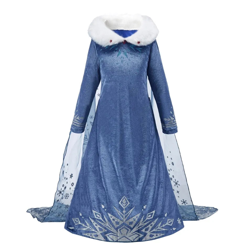 Girls Ice Princess Costume Dress with Long Sleeves, Fluffy Collar and Snowflake Cape, Blue Snow Queen Outfit for Birthdays and Halloween