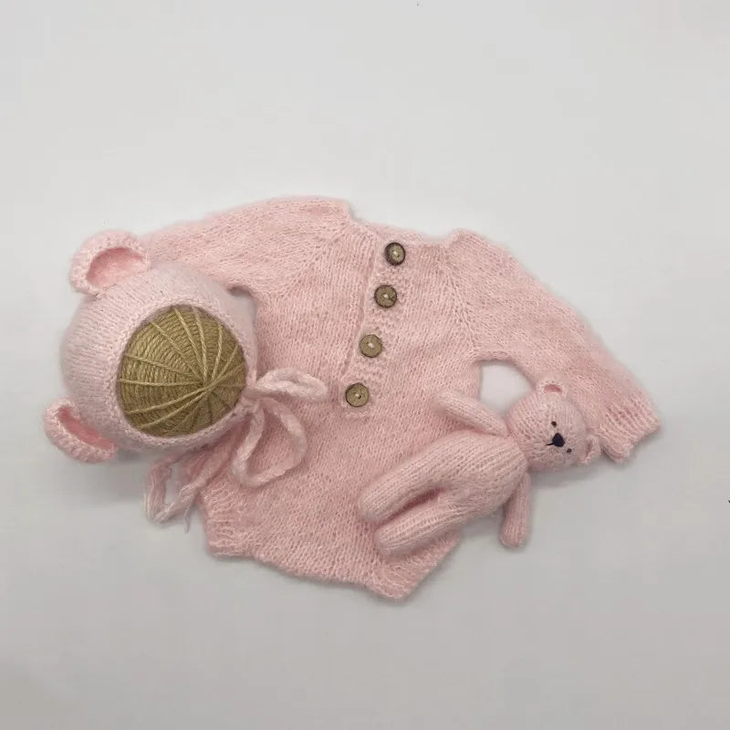 Newborn Bear Photography Outfit with Long Sleeve Knitted Romper and Bear Ear Bonnet, Optional Knit Toy for Baby Boys and Girls Portrait Sessions
