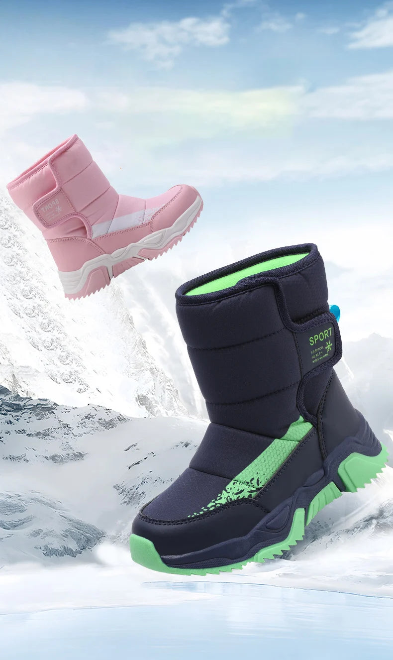 High-Top Kids Snow Boots with Hook-and-Loop Side Straps, Padded Shafts and Chunky Tread Soles for Winter Outings, Chinese Sizes 31-42