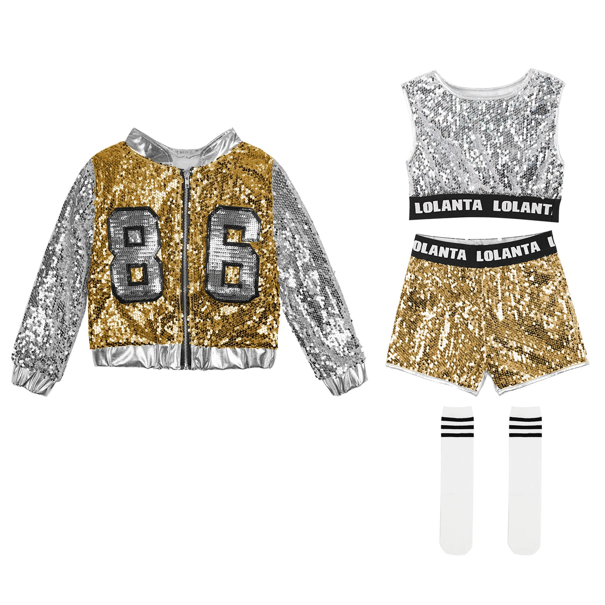 Girls Sequin Hip Hop Dance Costume Set with Metallic Trim Jacket, Crop Top, Shorts and Striped Socks for Jazz Recitals and Stage Performances