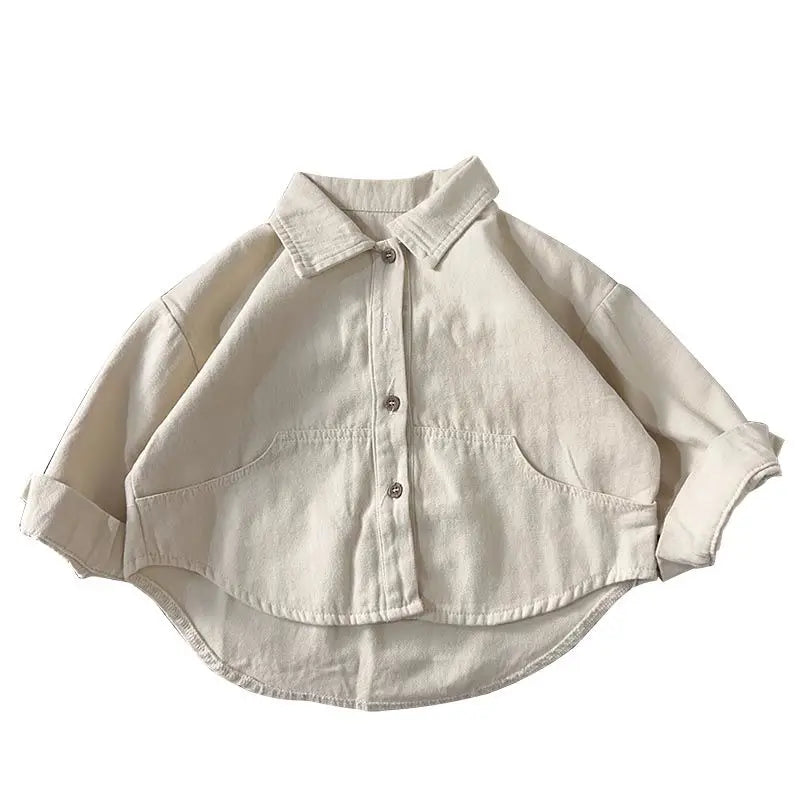 Baby and Toddler Collared Button-Up Shirt with Long Sleeves and Chest Pocket, Beige or Brown Unisex Casual Top for Spring and Fall Family Outfits