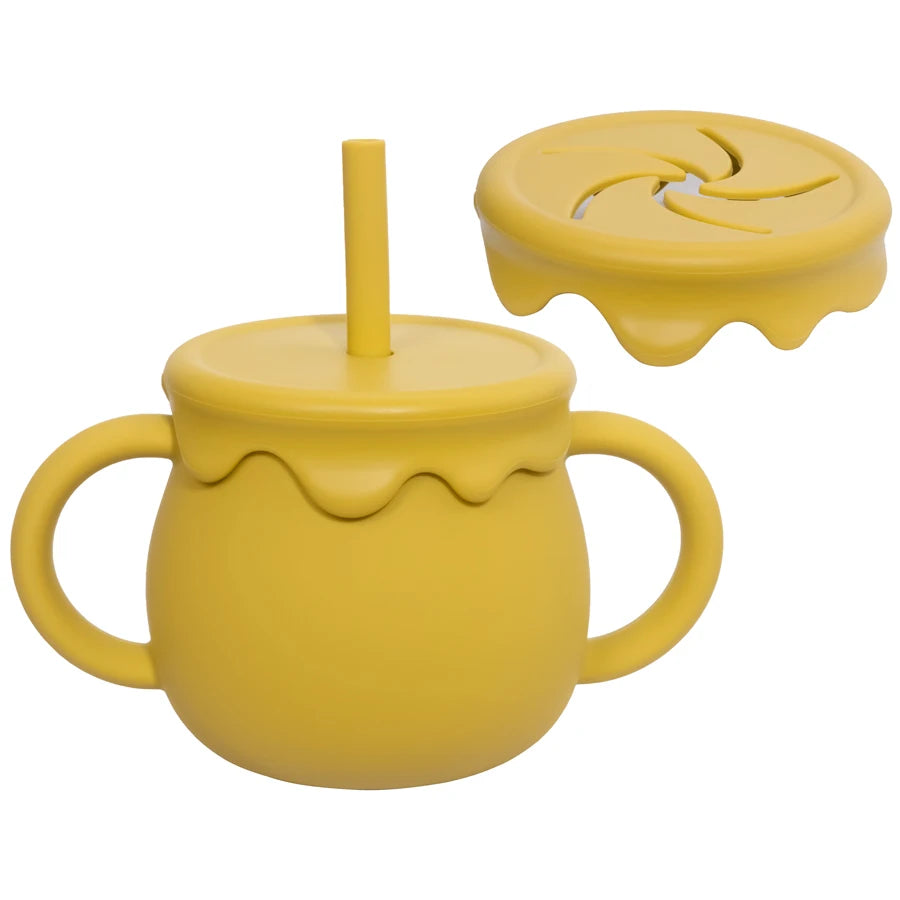 Two-Handle Toddler Straw Cup with Rounded Body and Wavy-Edge Lid, Portable Baby Drinkware and Snack Container Options for Supervised Use