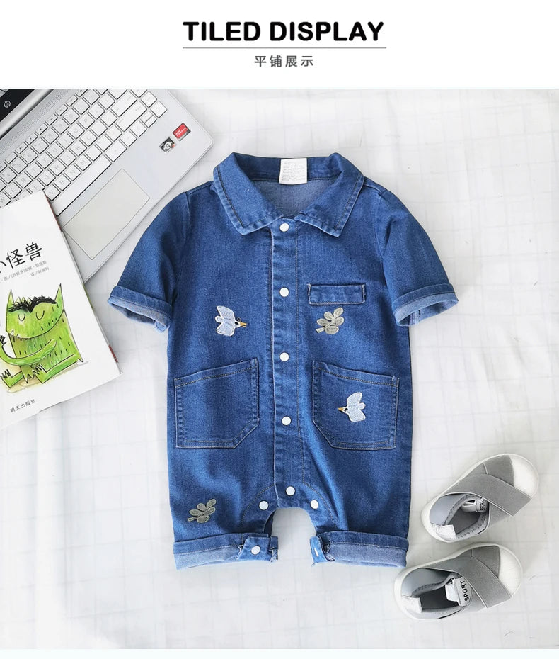 Collared Baby Denim Romper by IENENS with Chest Pockets and Snap Fastenings, Blue Long Sleeve One-Piece Outfit for Boys and Girls in 0-18M Sizes