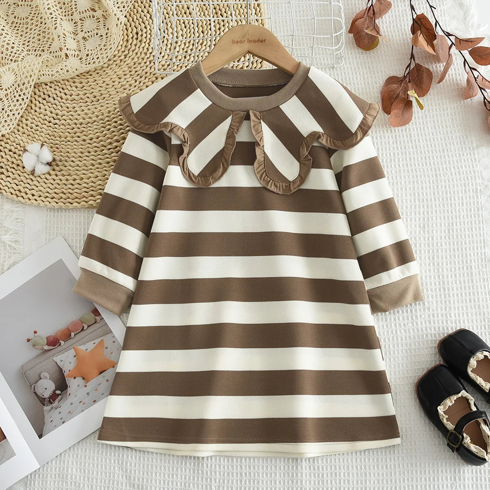 Toddler Girls Floral Dress with Oversized Collar and Long Sleeves, Bear Leader Outfit in Sizes 2T–6T for Spring, Fall and Family Photos