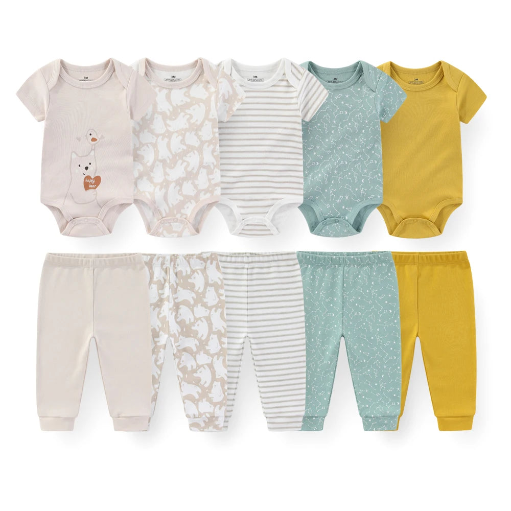 Baby Bodysuit and Pants Set, 10-Piece Kiddiezoom Infant Clothing Bundle with Short-Sleeve Tops for Boys and Girls, Sizes 3M-12M