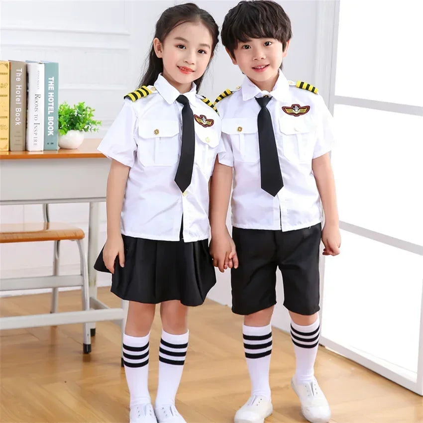 Kids Pilot Costume for Boys and Girls, Airline Captain Uniform-Style Outfit with Short Sleeve Shirt Styling for Career Day and Halloween