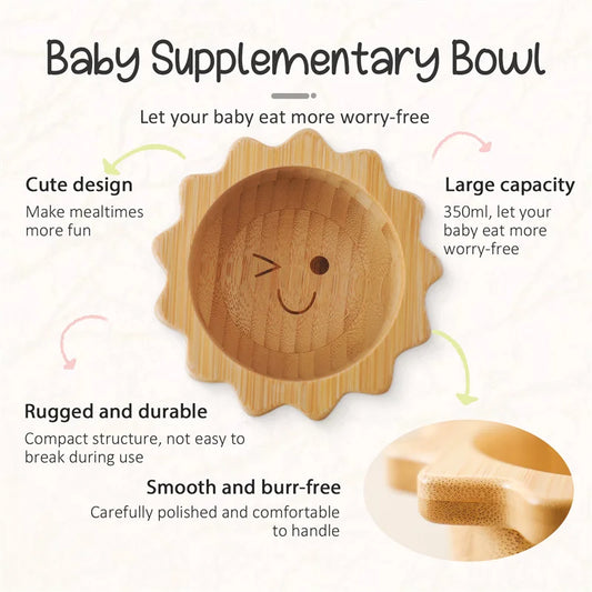 Bamboo Baby Suction Bowl and Tableware Options, Sun, Cloud and Dinosaur Designs with Single-Piece or 3-Piece Wooden-Handle Utensil Sets