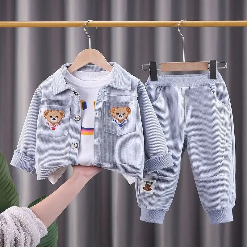 Toddler Bear Pocket Outfit Set, Two-Piece Button-Front Collared Jacket and Matching Pants for Boys and Girls, Blue or Khaki, 12-18M to 5T