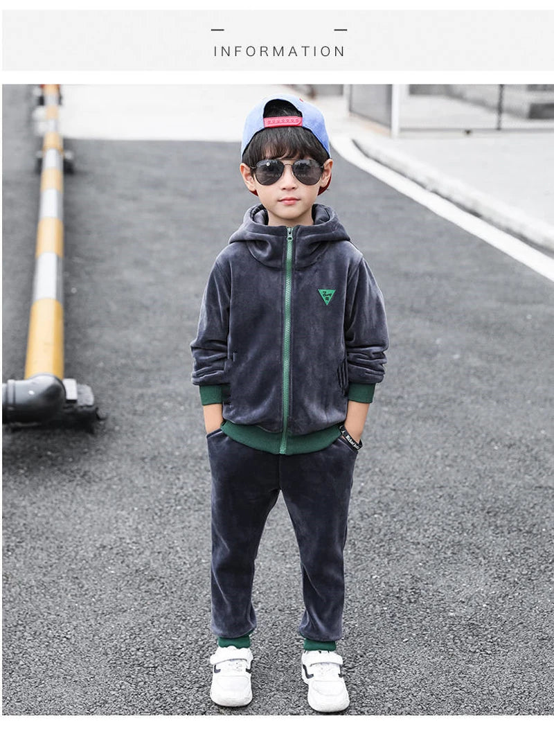 Boys Winter Tracksuit Set with Velvet-Texture Zip-Up Hooded Jacket and Matching Pants, 2-Piece Polyester Outfit for Ages 3-10
