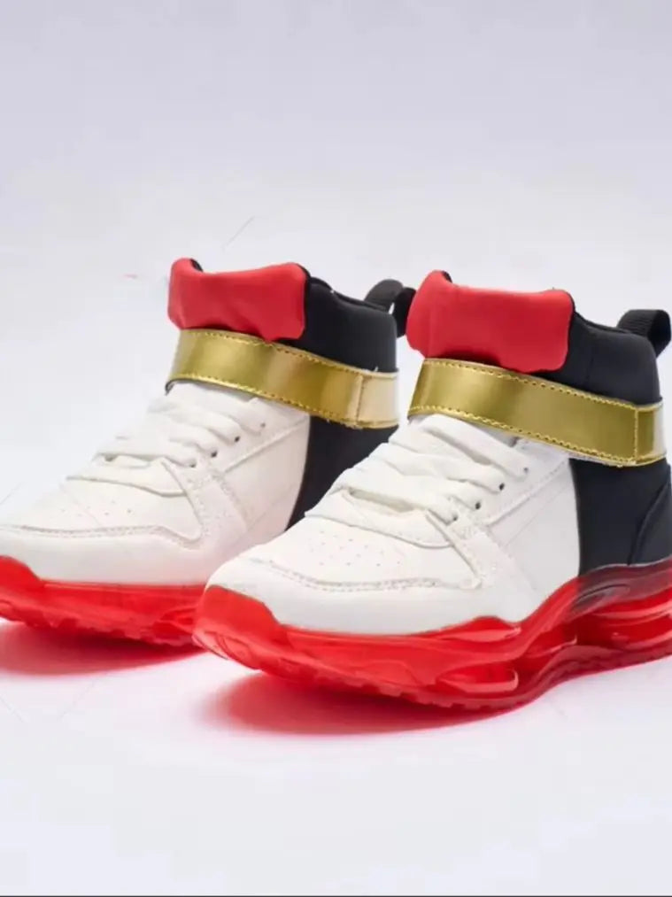 Shadow-Inspired High-Top Sneakers with Red Soles, White and Black Panels and Gold Strap Detail for Kids, Teens and Adult Casual Outfits