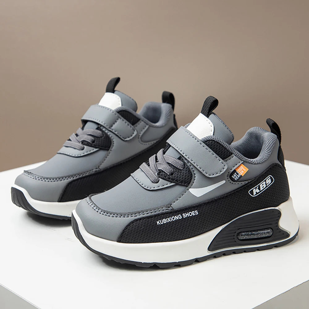Color-Block Kids Running Shoes with PU Leather Upper, Soft Rubber Sole and Strap Closure for Boys and Girls, School Days and Outdoor Play