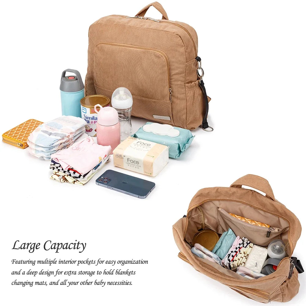 Corduroy Diaper Backpack by Soboba, Large Capacity Baby Changing Bag with Interior Pockets, Front Zip Storage and Side Pockets for Daily Outings