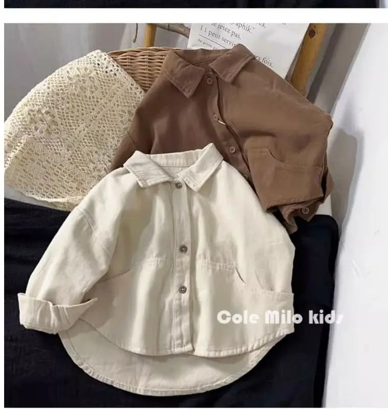 Baby and Toddler Collared Button-Up Shirt with Long Sleeves and Chest Pocket, Beige or Brown Unisex Casual Top for Spring and Fall Family Outfits