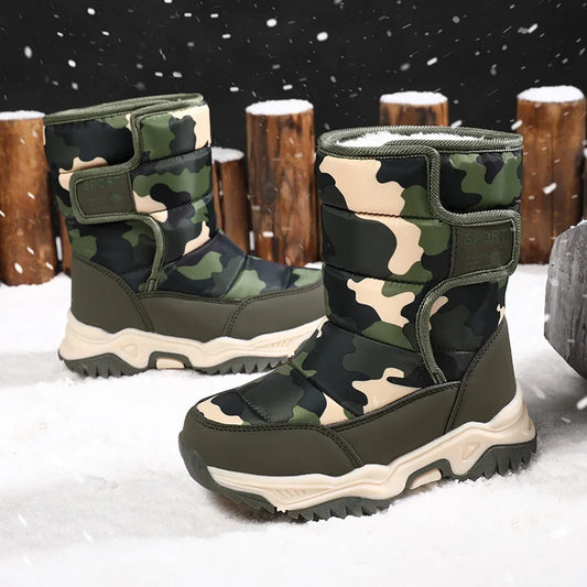 Kids Camo Winter Snow Boots with Plush Lining and Hook-and-Loop Side Closure, Rubber Tread Sole and Five Color Options for Boys and Girls, Sizes 26–38